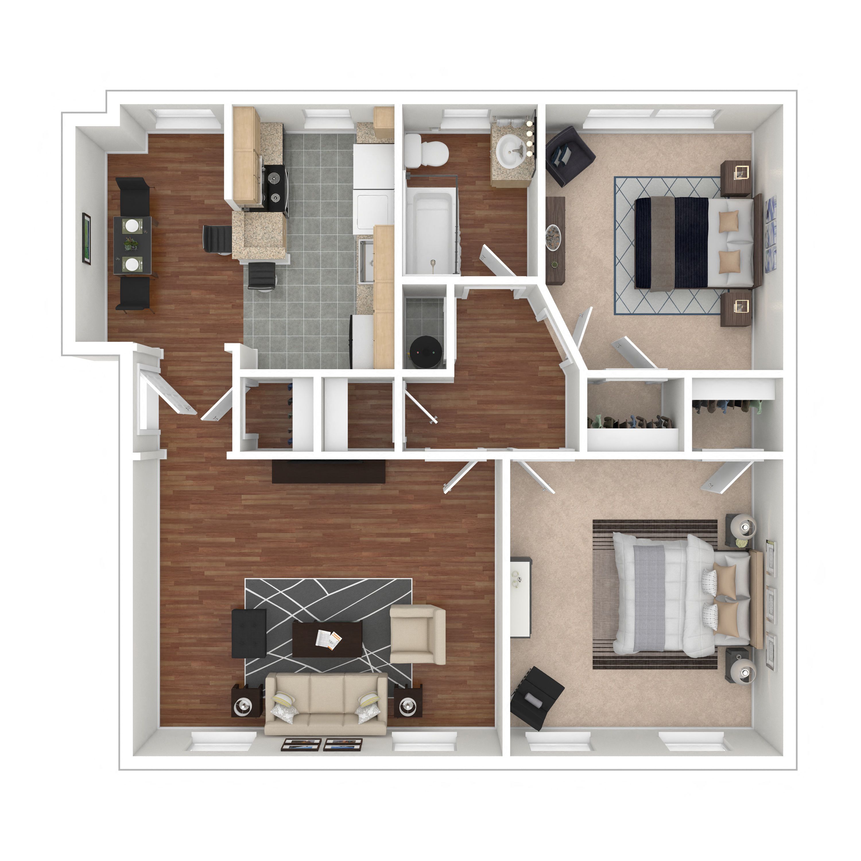 Floor plan for 2 beds, 1 bath, 751 sqft